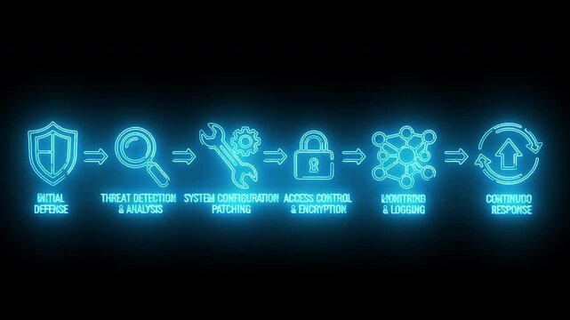 Neon-lit cybersecurity process flowchart with icons on a dark background.