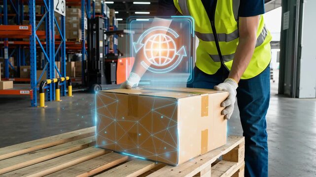 Worker loading cardboard box onto wooden pallet near van at logistics center for delivery and transportation in automobile warehouse with digital global network icons and transportation concept