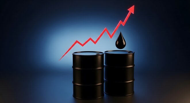 Rising oil prices with barrels and upward trend graph arrow