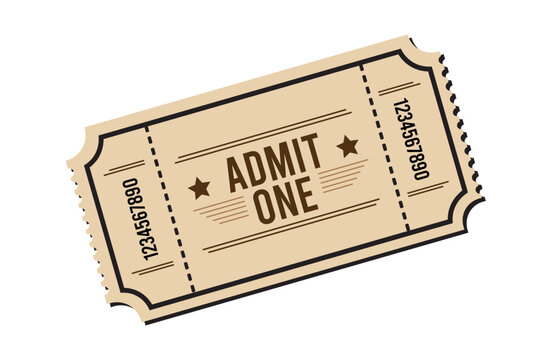 Vintage movie ticket stub with Admit One text, retro cinema entry pass vector, tan paper theater ticket with serial numbers and stars