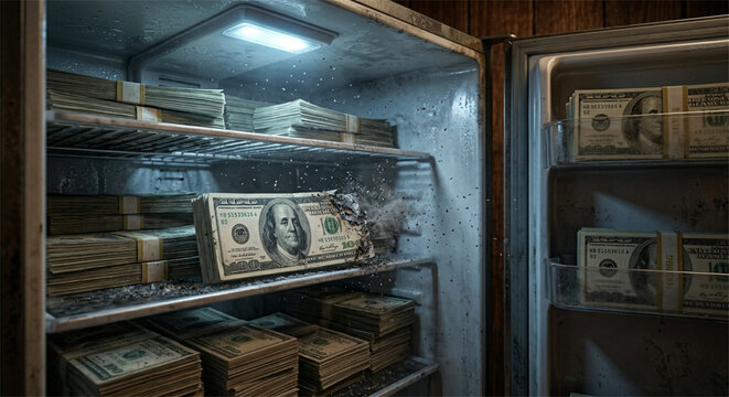 Interior of a refrigerator filled with stacks of dollar bills with one stack burning, hoarding money and economic crisis concept.