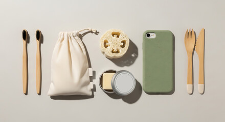 Zero waste kit with bamboo toothbrush reusable items and eco products