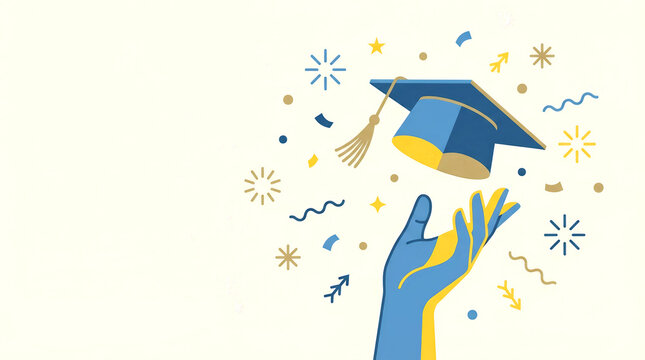 Joyful celebration of academic success showing hand tossing graduation cap mortarboard into air surrounded by festive confetti representing ultimate education achievement