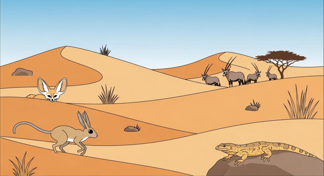 Desert Wildlife Illustration - Fennec Fox, Jerboa, Leopard Gecko, and Antelopes.