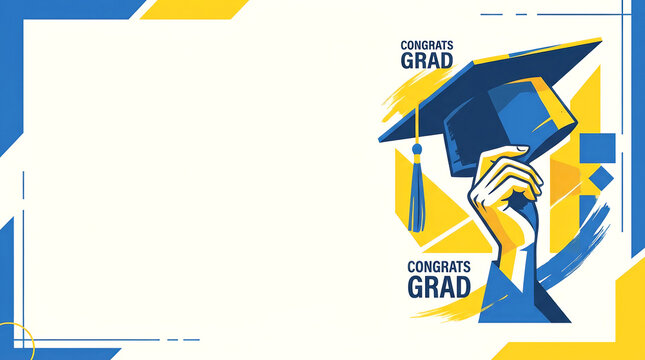 Joyful graduation template background featuring proud raised hand holding blue mortarboard cap celebrating academic achievement with bright yellow geometric border design