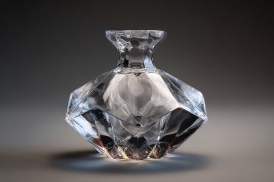 Crystal glass diamond-shape bottle reflecting light on grey