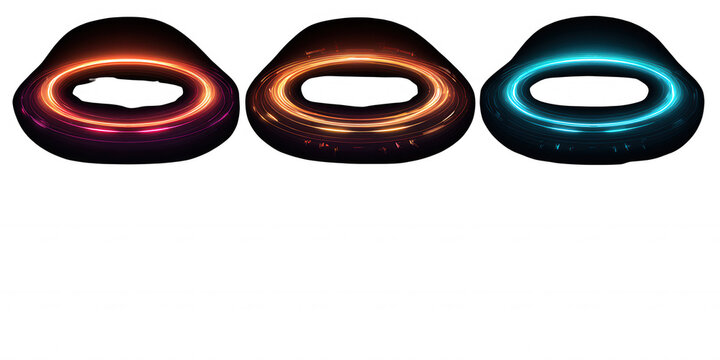 Tr&ecirc;s ilustra&ccedil;&otilde;es de buracos negros com discos de acre&ccedil;&atilde;o coloridos, representando fen&ocirc;menos c&oacute;smicos e energia no universo.