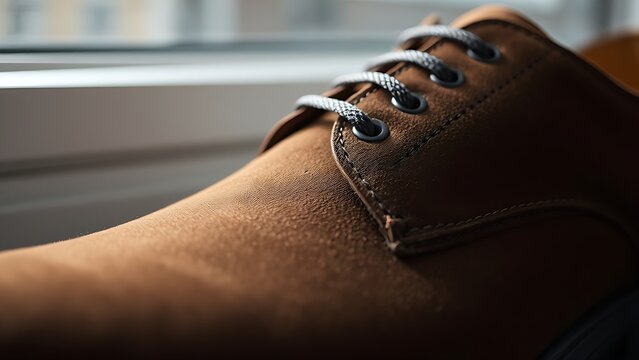 nubuck. Close-up of a single brown nubuck leather shoe with soft texture. lifestyle magazines, social media lookbooks, designed for lifestyle magazines and social media content, drives engagement.