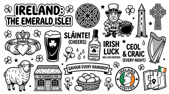 Ireland Symbols Collection - Claddagh, Leprechaun, Harp, Beer