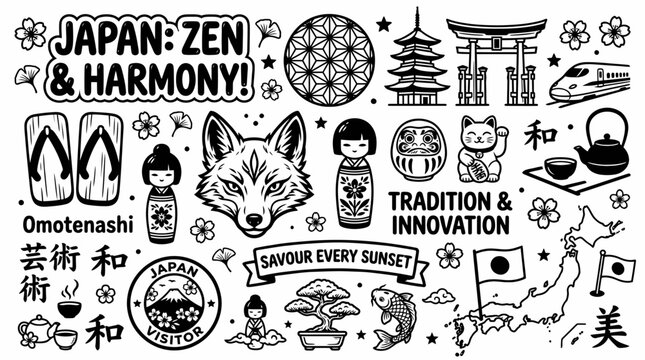 Japan Culture Doodle Art: Zen, Harmony, Tradition, Innovation
