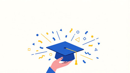 Hand holding blue graduation cap with yellow tassel amidst festive confetti expressing joy and proud achievement on white background