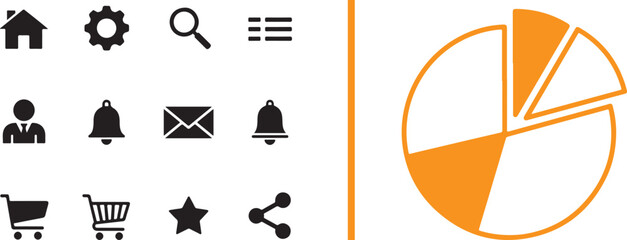 Vector set featuring minimalist solid black UI icons for home, search, and mail alongside a large, stylized orange pie chart with segmented slices, representing data visualization and navigation. © Muhammad