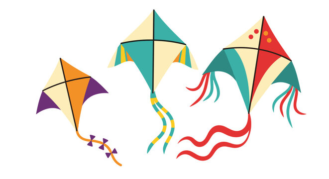 Colorful geometric kites with long flowing streamers soaring in the sky representing joy and outdoor fun during a sunny