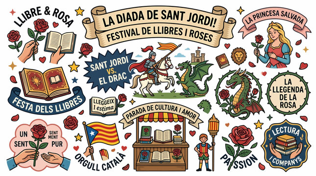 Saint George Day Festival: Books, Roses, Knight, Dragon, Catalonia