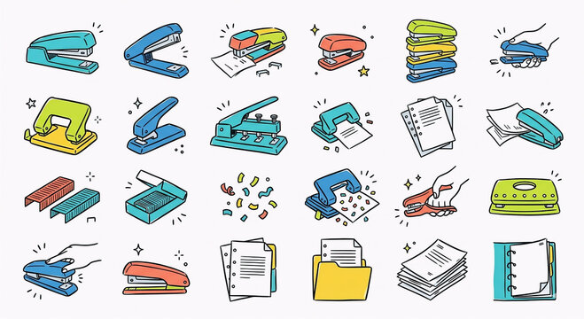 Hand-drawn stapler and hole punch doodle collection set. Vector illustration of office stationery, paper, staples, and desk supplies. Cute cartoon school equipment clip art.