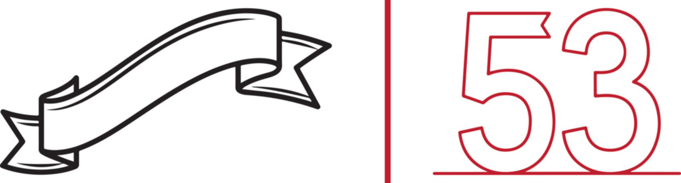 Minimalist vector icons featuring a flowing ribbon banner and the number 53. Clean line art design in black and red, ideal for anniversary celebrations, milestones, and decorative labels.