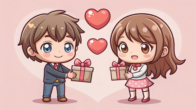 Cute cartoon boy and girl giving each other gift boxes with floating red hearts