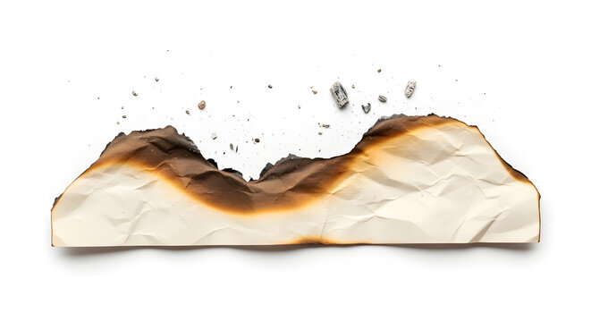 Burned paper with ashes and debris scattered on a white background