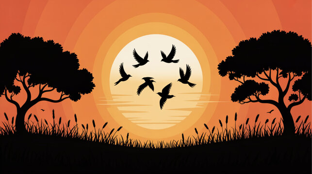 African sunset, savannah landscape, vector illustration, orange sky isolated on Transparent Background