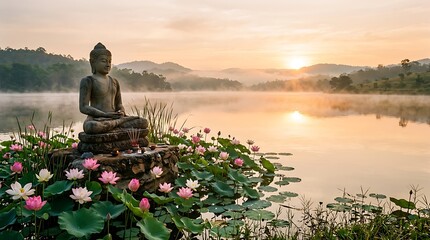 Obraz premium Peaceful Buddha Statue with Lotus Flowers at Sunrise by a Lake