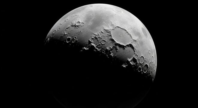 Close-up view of the Moon's textured surface, showcasing prominent maria and craters against deep space.