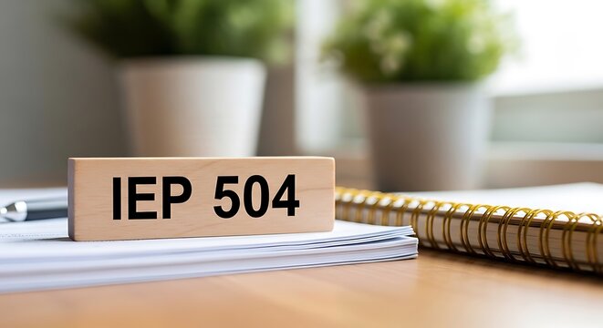 IEP 504 plan on a desk with notebook and papers for special education