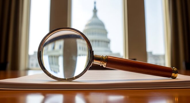 Magnifying glass on documents with US Capitol building in background for investigation and research purposes in a professional setting