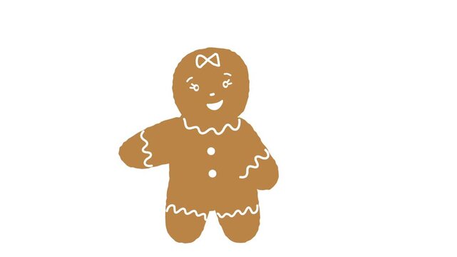 Christmas Animation. Cute Gingerbread Woman is Dancing, Having Fun Winter Holidays. Animated Christmas Cookie. Holiday Banner. Animated Greeting Card Template. Video in Brown White