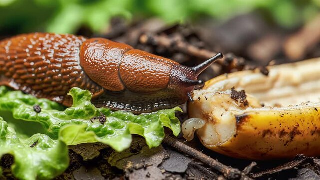 Closeup of a brown slug eating lettuce and banana in the garden.