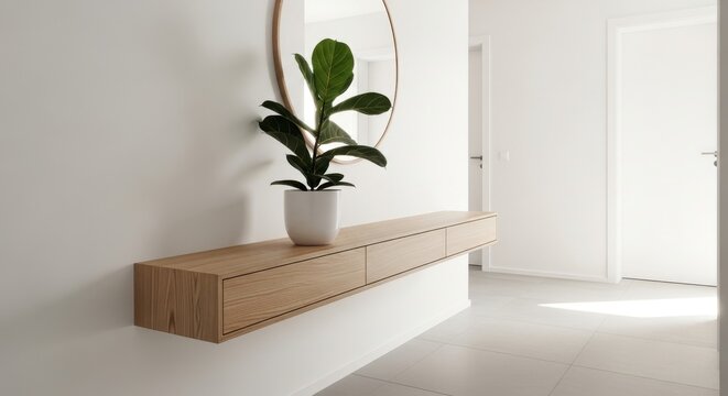 Minimalist entryway featuring a floating wood console shelf with a potted plant and a round mirror