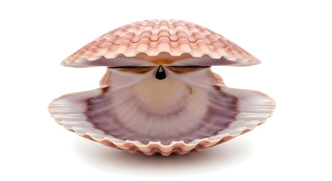 An open scallop shell with a small black pearl inside