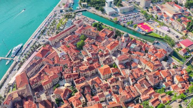 Kotor old Town aerial view, Montenegro, UNESCO Medieval Buildings and Fortresses.
