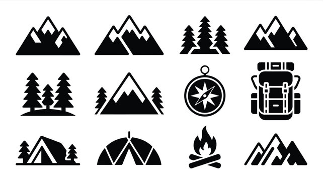 Minimalist vector icons of mountains trees tents and camping gear symbolizing outdoor adventure and nature