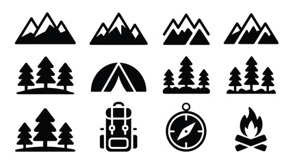 Minimalist flat design vector icons of mountains trees camping tent backpack compass and campfire for outdoor adventure © Somiran