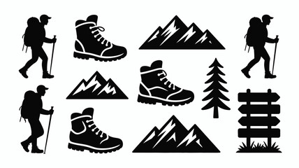 Hiking and outdoor exploration vector illustrations featuring silhouettes of hikers boots mountains trees and trail markers against a clean white background © Somiran