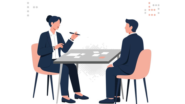 Business meeting: woman interviewer questions man candidate sitting at table