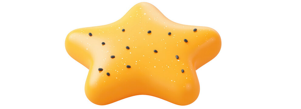 Biscoito em forma de estrela amarela com pontos pretos, isolado em fundo branco, representando um lanche divertido e saboroso para crian&ccedil;as.