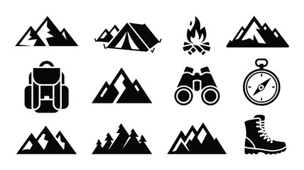 Black and white vector icons of camping gear including tent backpack binoculars compass and hiking boots with mountain and forest themes © Somiran