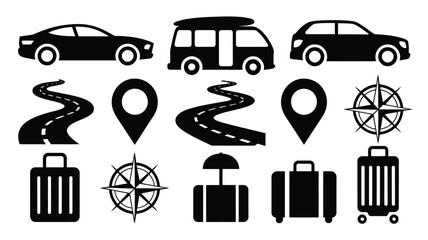 Black and white vector icons of cars vans compasses maps roads and luggage for travel and navigation themes © Somiran