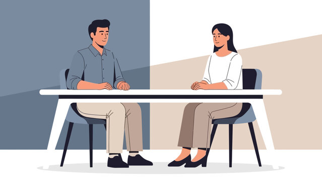 Two people sitting at a table, looking at each other, business meeting or interview concept