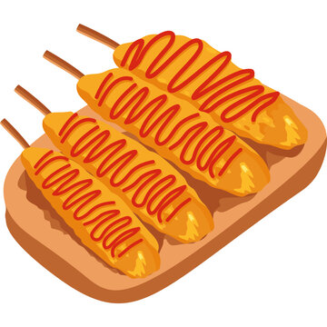Corn Dogs With Ketchup On Wooden Board