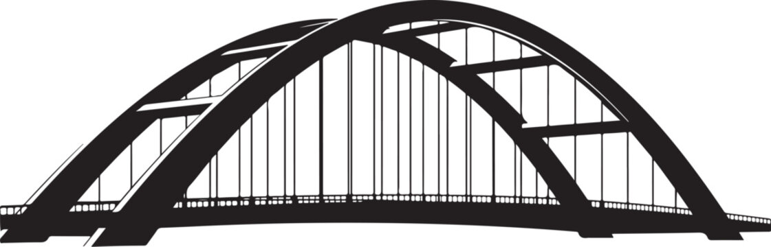 Black silhouette of a large arched bridge on white background