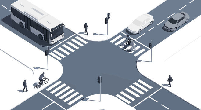 Isometric City Intersection with Bus Pedestrians and Traffic