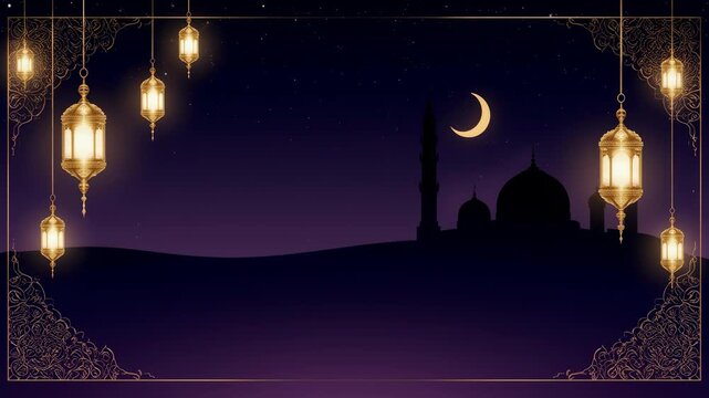 Ramadan kareem islamic background with mosque silhouette and hanging