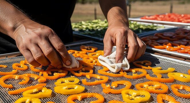 Preparing colorful peppers for dehydration in the sunshine for preservation