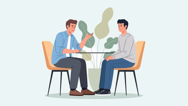 Two men talking at a table with plants, business meeting, casual conversation, illustration