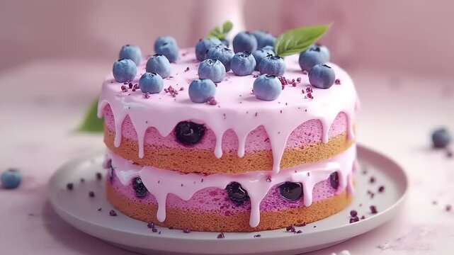 Two-layered blueberry cake with pink icing and berries