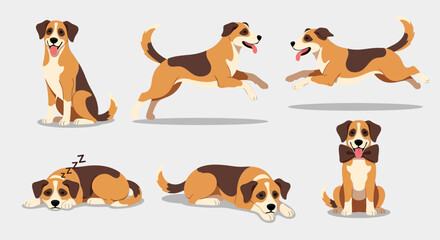 Obraz premium Cute Cartoon Dog Poses Set: Sitting, Running, Sleeping, Bowtie
