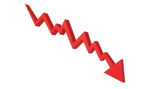 A bold arrow pointing downwards with a jagged path indicating a sharp decline. isolated on transparent background