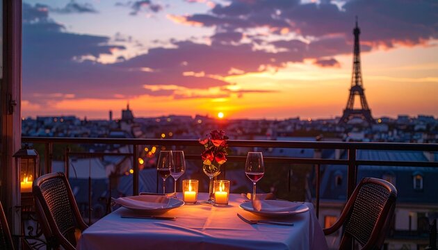 Romantic Dinner with Eiffel Tower View at Sunset in Paris.